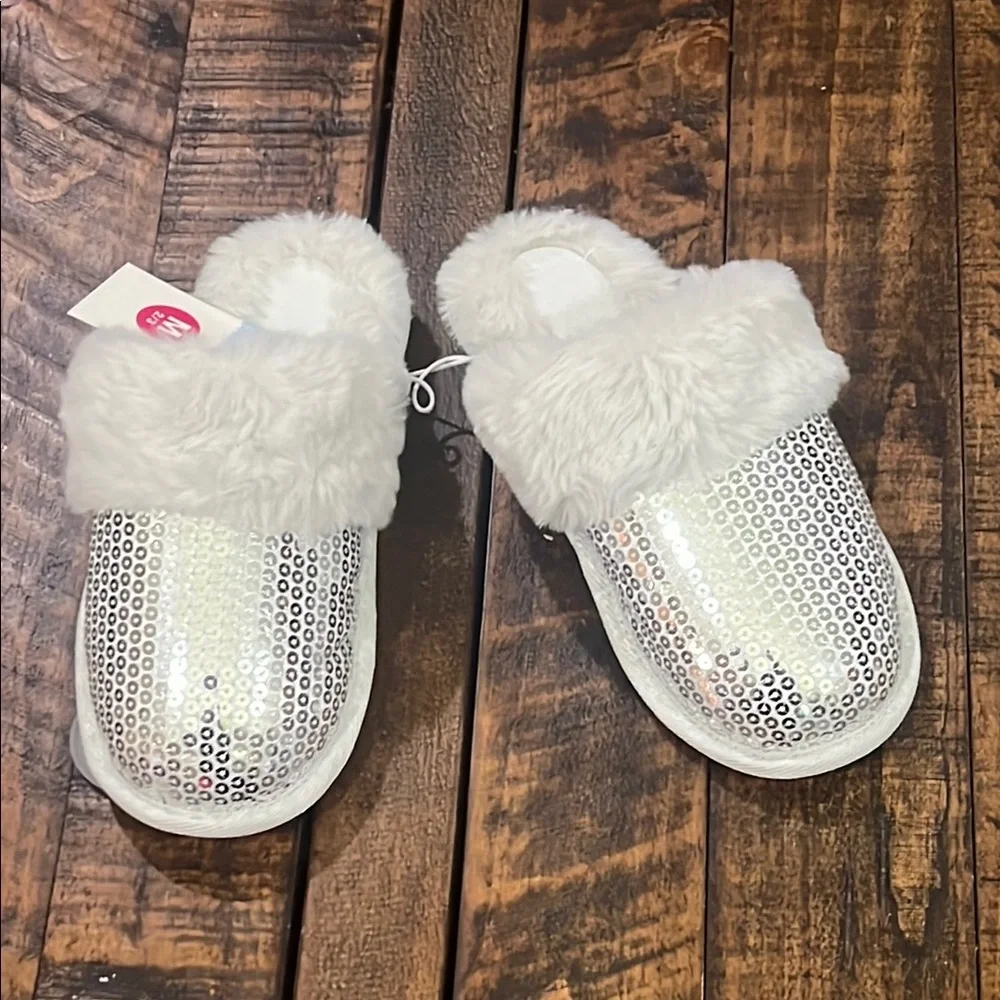 Silver Sequin Fur Slippers kids medium 2/3